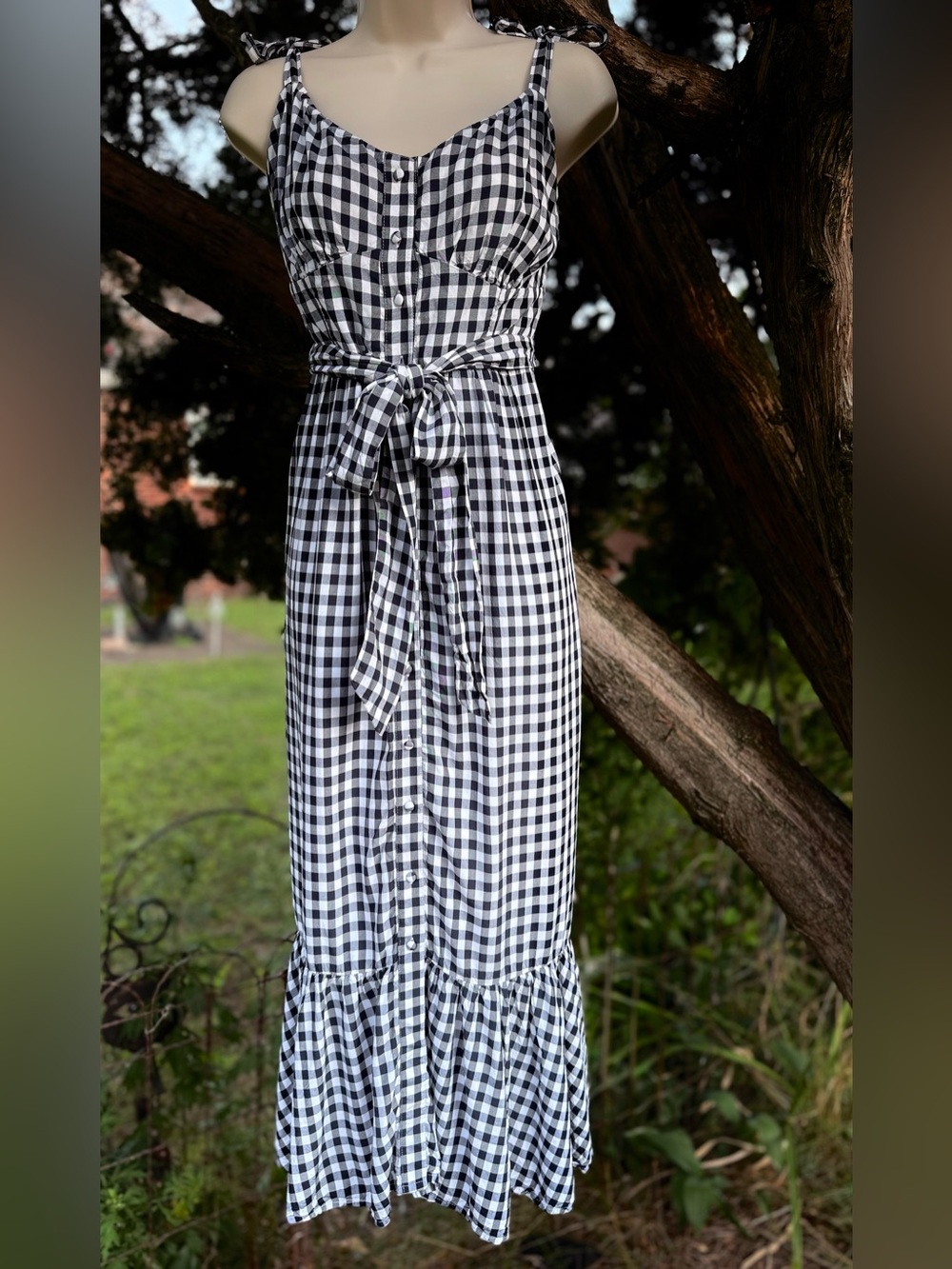 J CREW Gingham Black & White Button Front Size 8 Tie Strap Ruffle Hem Midi Dress - Picture 5 of 16